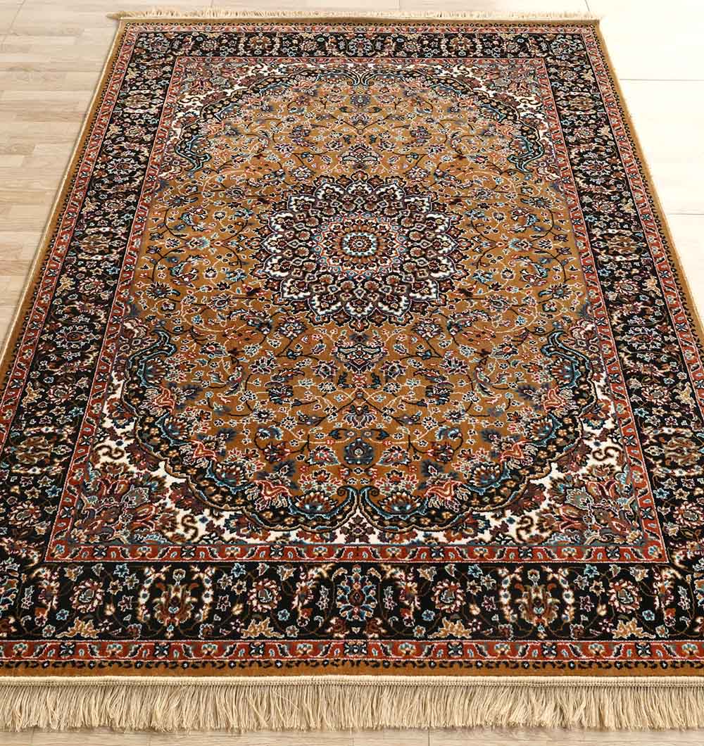 The RAMSHA HOME Persian Floral Medallion Rust & Black Border Rug – MMB 15 (235x330 cm) has a central medallion with intricate floral and geometric designs in rich tones, and it's elegantly displayed on a light wood floor.