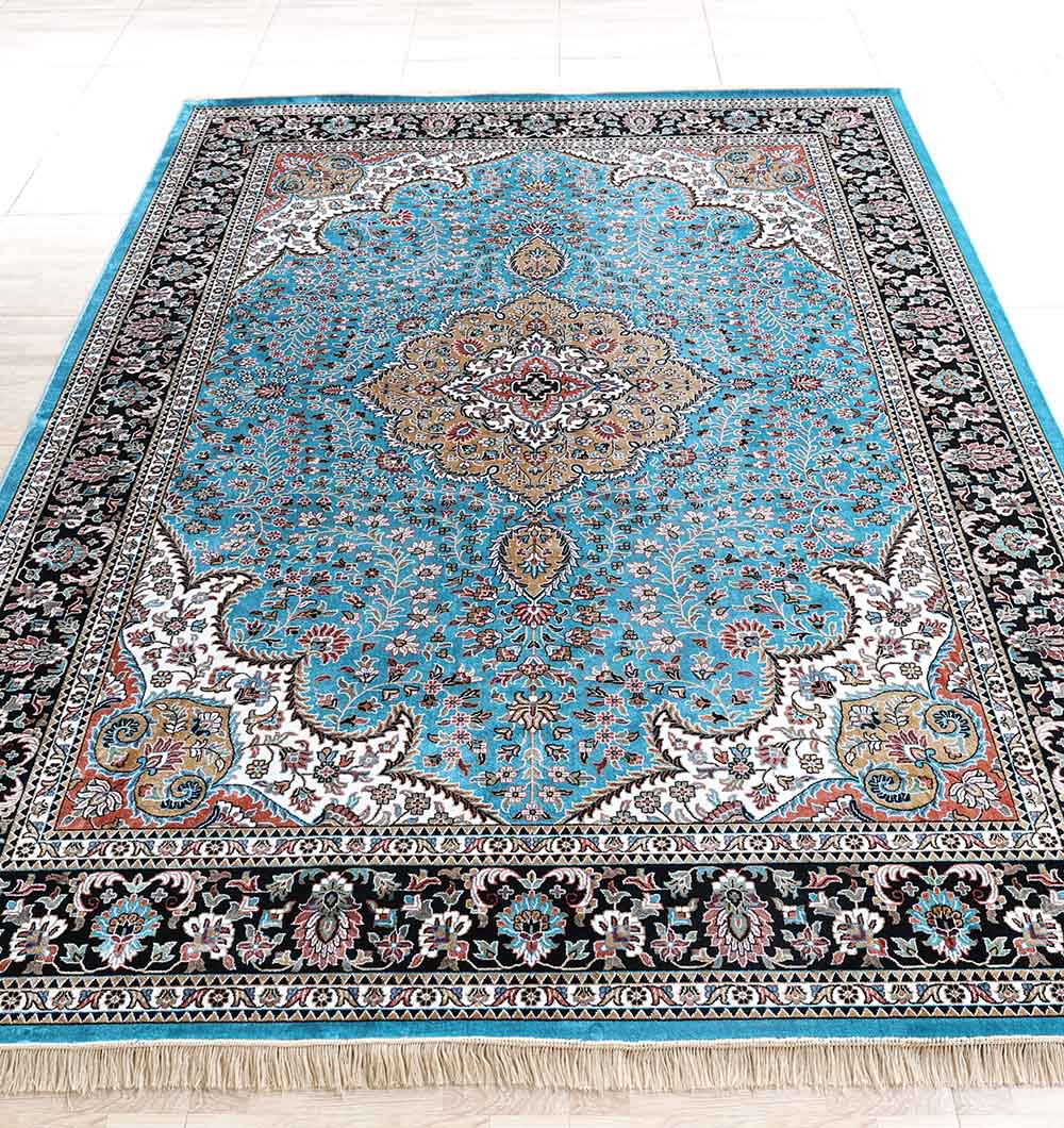 The RAMSHA HOME Multi Color Decor Turkish Area Rug - MMB 22 (265X365 cm) features a Persian-style design with blue, beige, cream, red, and black floral and geometric patterns, detailed borders, and fringe edges on a light tile floor.
