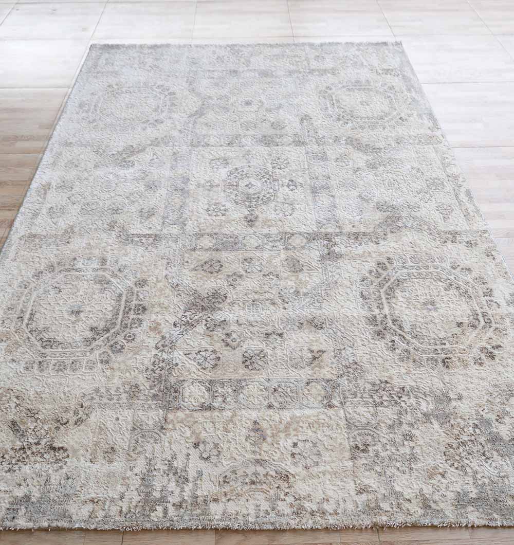 The RAMSHA HOME Modern Multi Abstract Machine-Made Carpet - MMB 79 (180 x 270 cm) in light tones, with an intricate geometric and floral design, brings vintage grey elegance to any tiled floor.