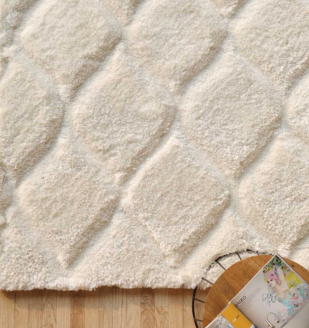 A White Rectangle Shaggy Rug with Carved Diamond Pattern (MP3D 13) from RAMSHA HOME is spread on a light wooden floor. In the bottom right, a round table holds colorful books and magazines.