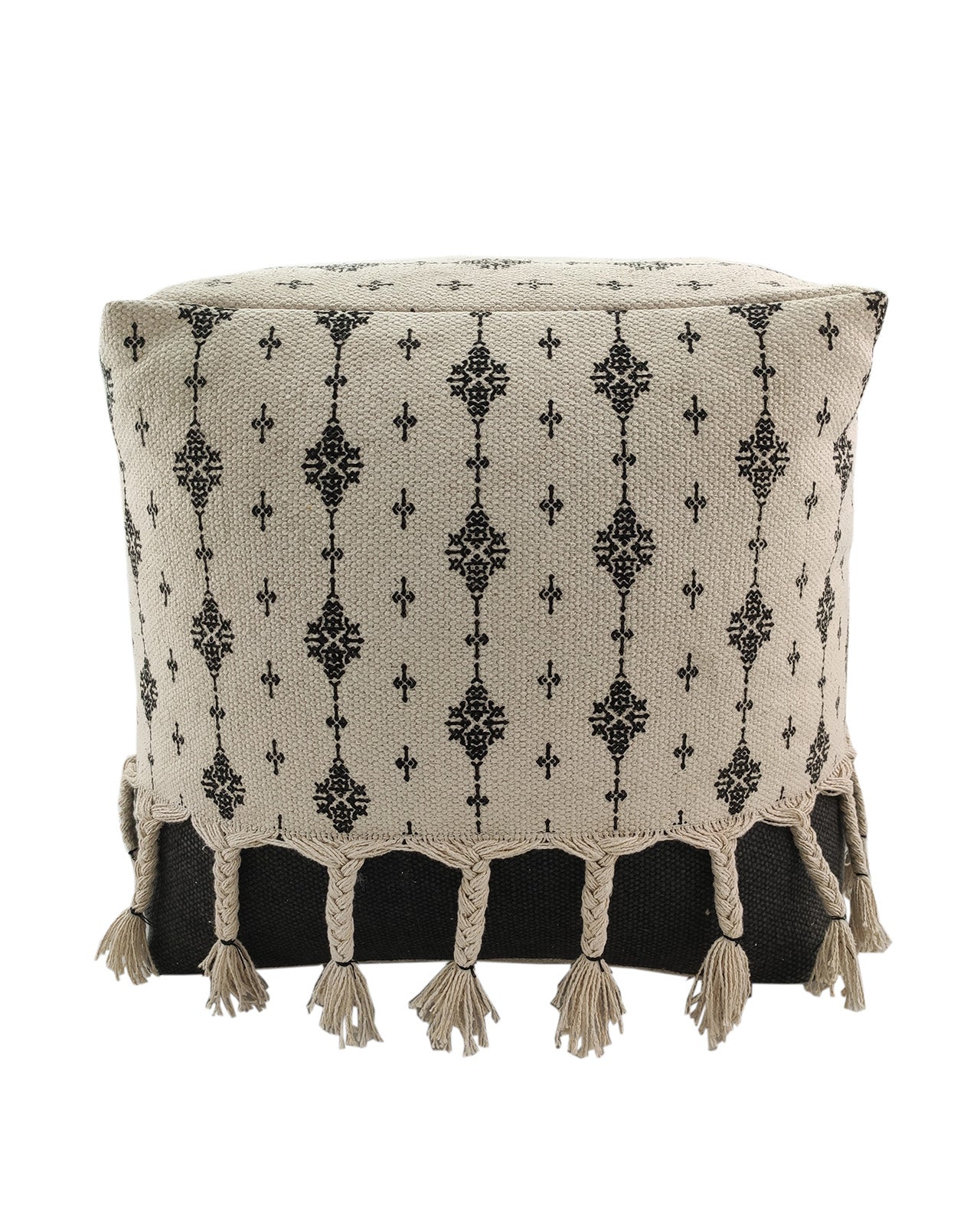 Handcrafted black and white cotton pouf with decorative fringes, adding a chic and cozy touch to home interiors.