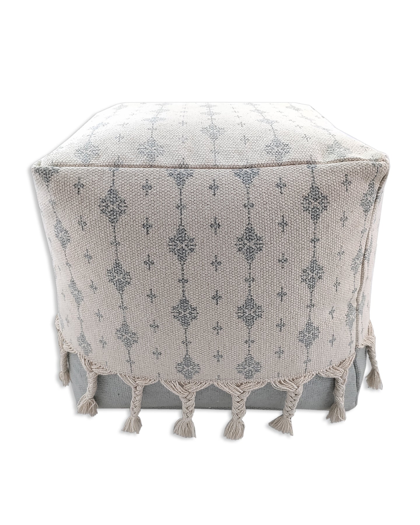 Stylish white and grey cotton pouf featuring delicate fringe accents, perfect for contemporary living room decor.