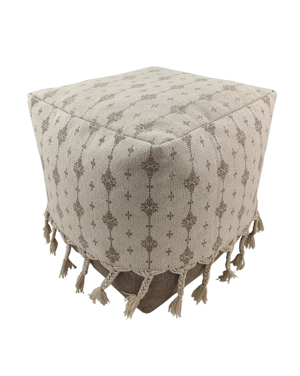 Neutral-toned white and beige cotton pouf featuring fringed edges, perfect for cozy and minimalist home decor.