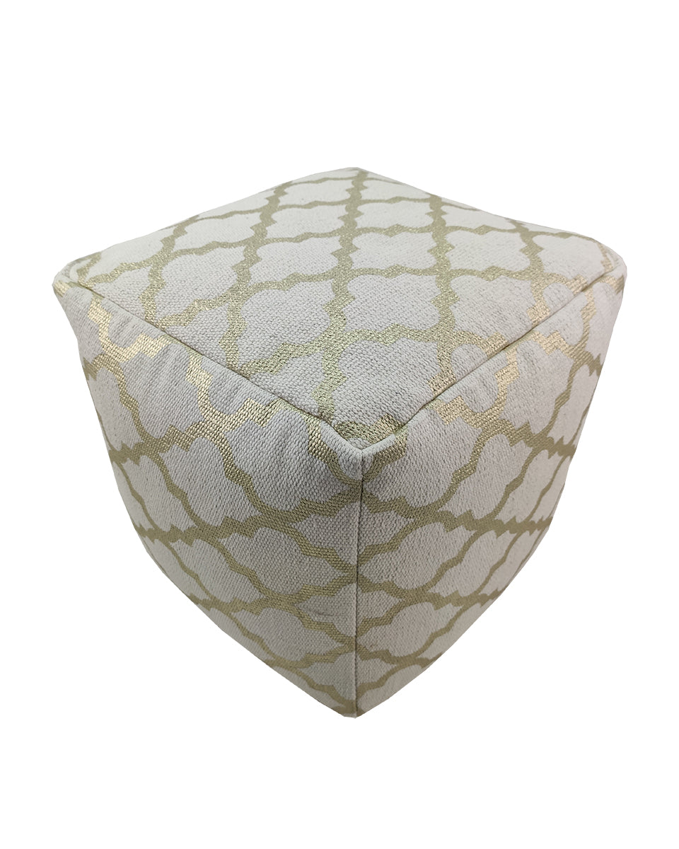 Handmade white and gold cotton pouf with elegant woven texture, perfect as a stylish accent for living spaces.