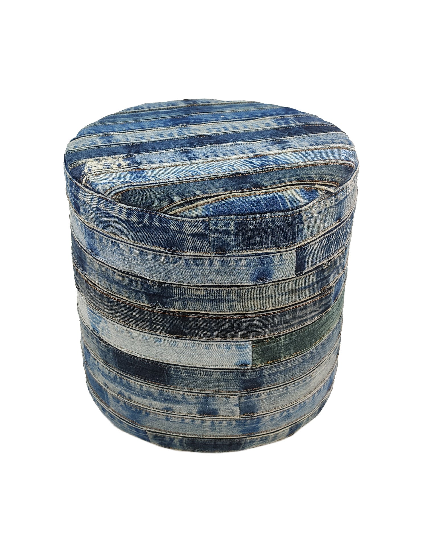 Handcrafted denim cylindrical cotton pouf in deep blue, featuring sturdy woven texture and soft cushioned top for versatile seating.