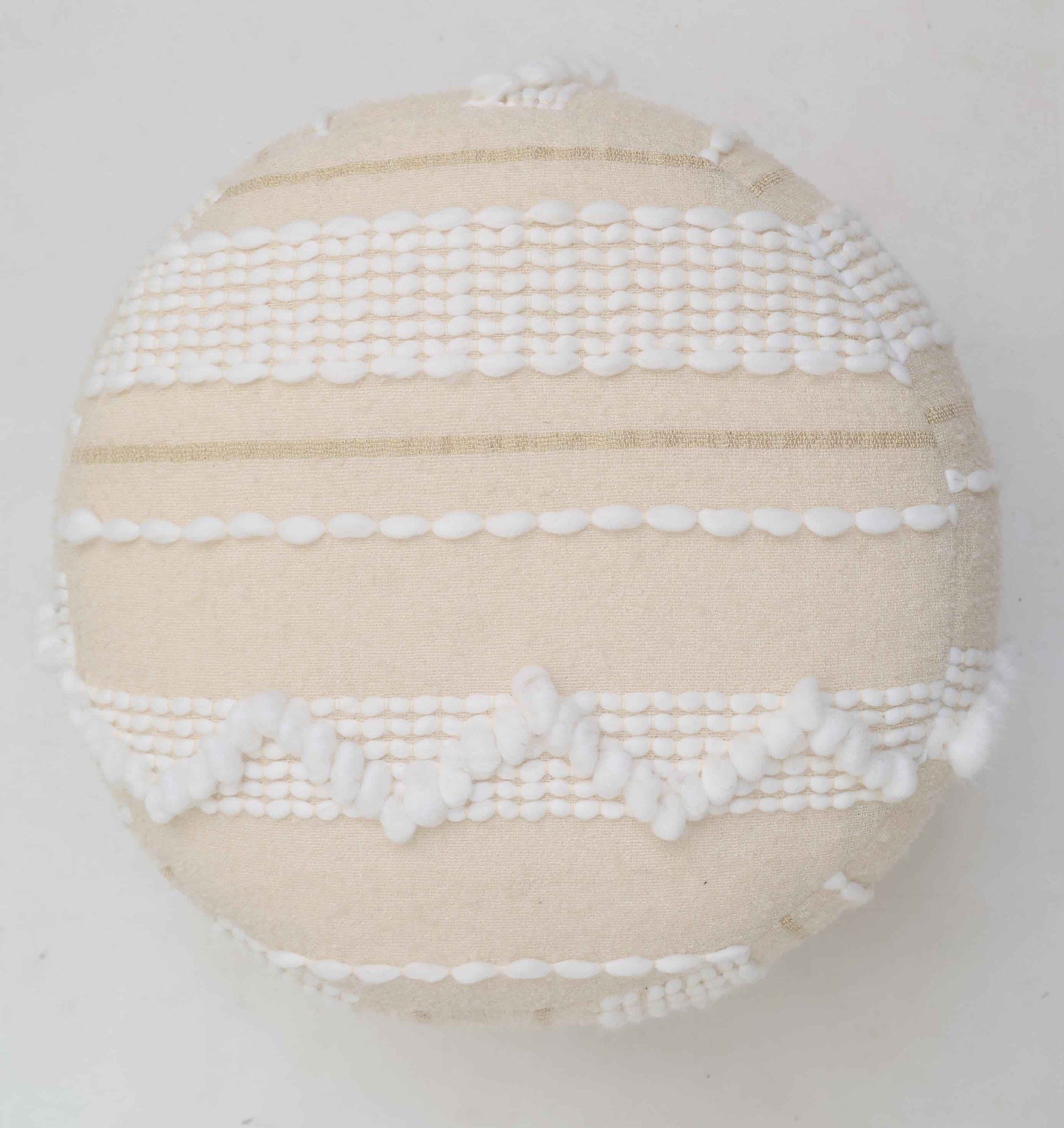 The Boho Modern Round Pouf With Insert PF 090 by RAMSHA HOME features beige fabric with textured white embroidery in stripes and zigzags, ideal as extra seating for modern interiors.