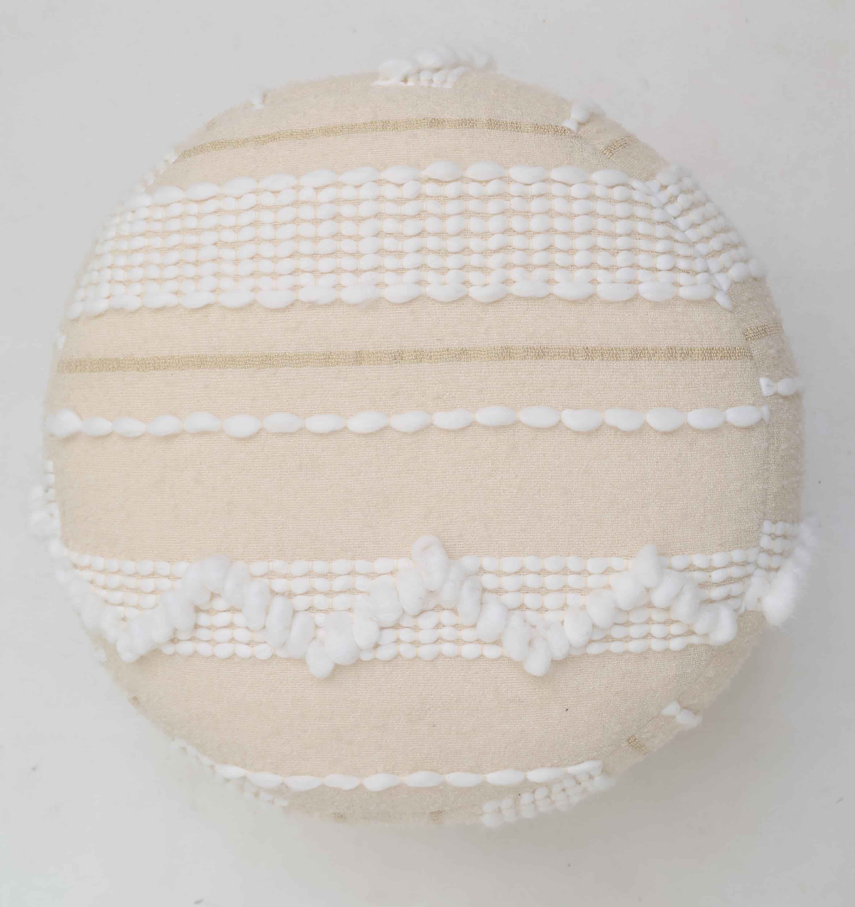 The Boho Modern Round Pouf With Insert PF 090 by RAMSHA HOME features beige fabric with textured white embroidery in stripes and zigzags, ideal as extra seating for modern interiors.