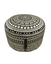 Handcrafted black and gold cotton pouf PF-091 with leather handle, adding a luxurious and modern touch to home decor.