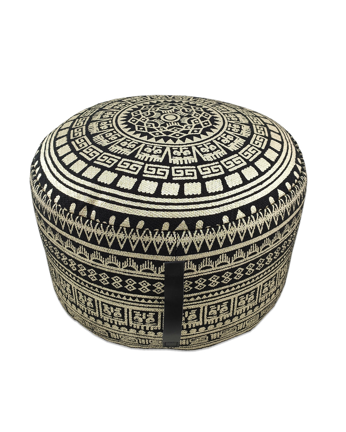 Handcrafted black and gold cotton pouf PF-091 with leather handle, adding a luxurious and modern touch to home decor.