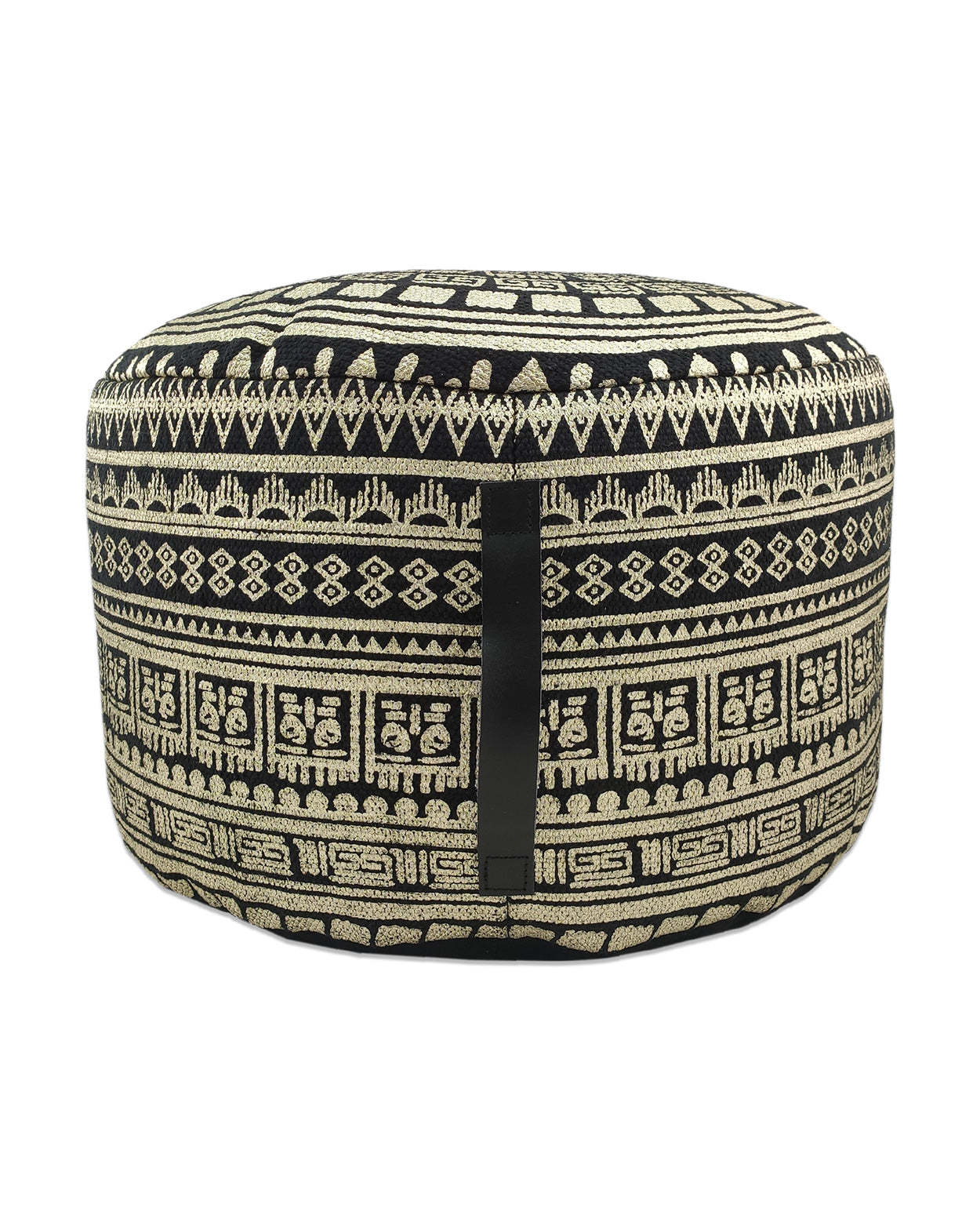 Elegant handmade cotton pouf PF-091 in black and gold tones featuring a leather handle, perfect for chic living spaces.