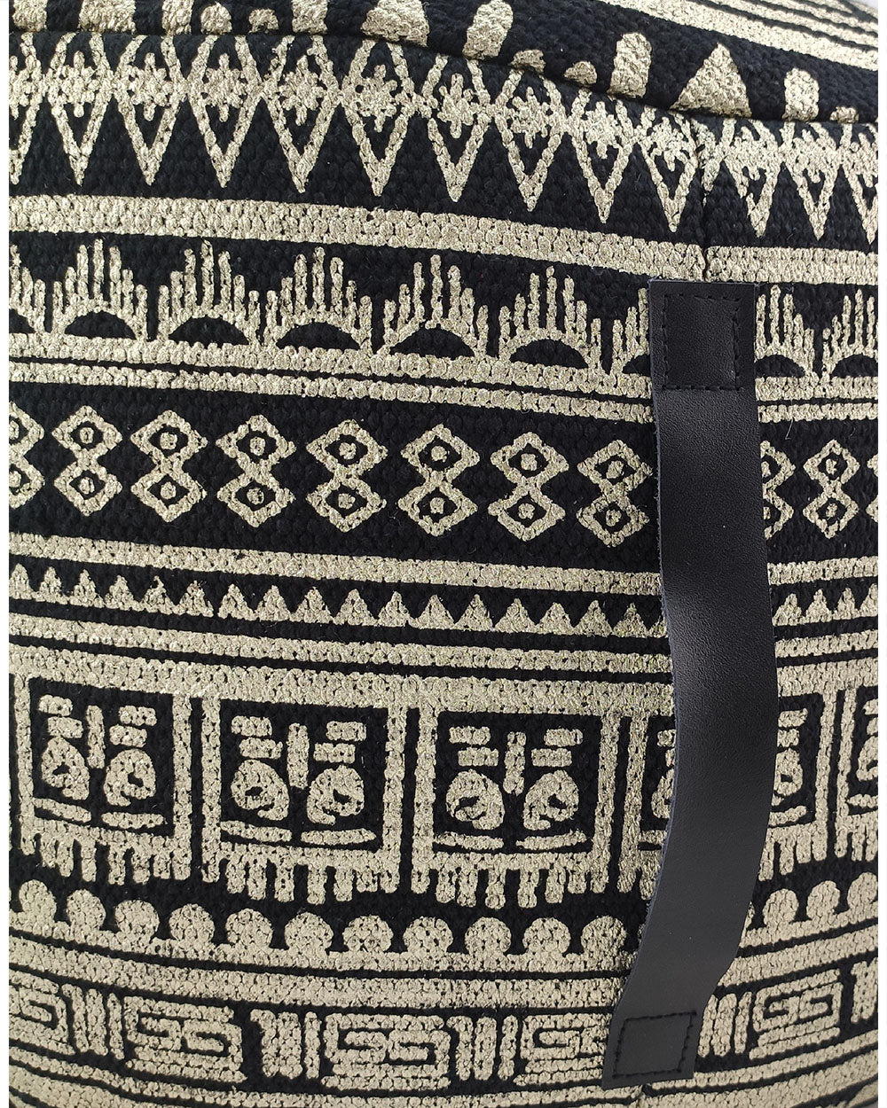 Detailed image highlighting the craftsmanship and fine fabric texture of the handmade black and gold cotton pouf PF-091.