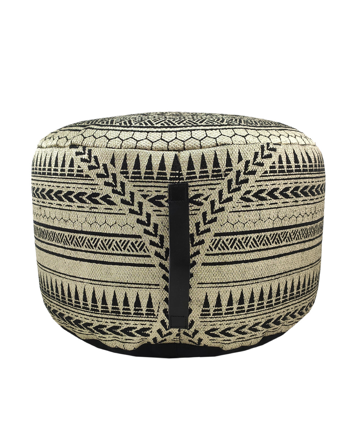 Handcrafted black and gold cotton pouf PF-092 with premium leather handle, adding elegance to contemporary interiors.