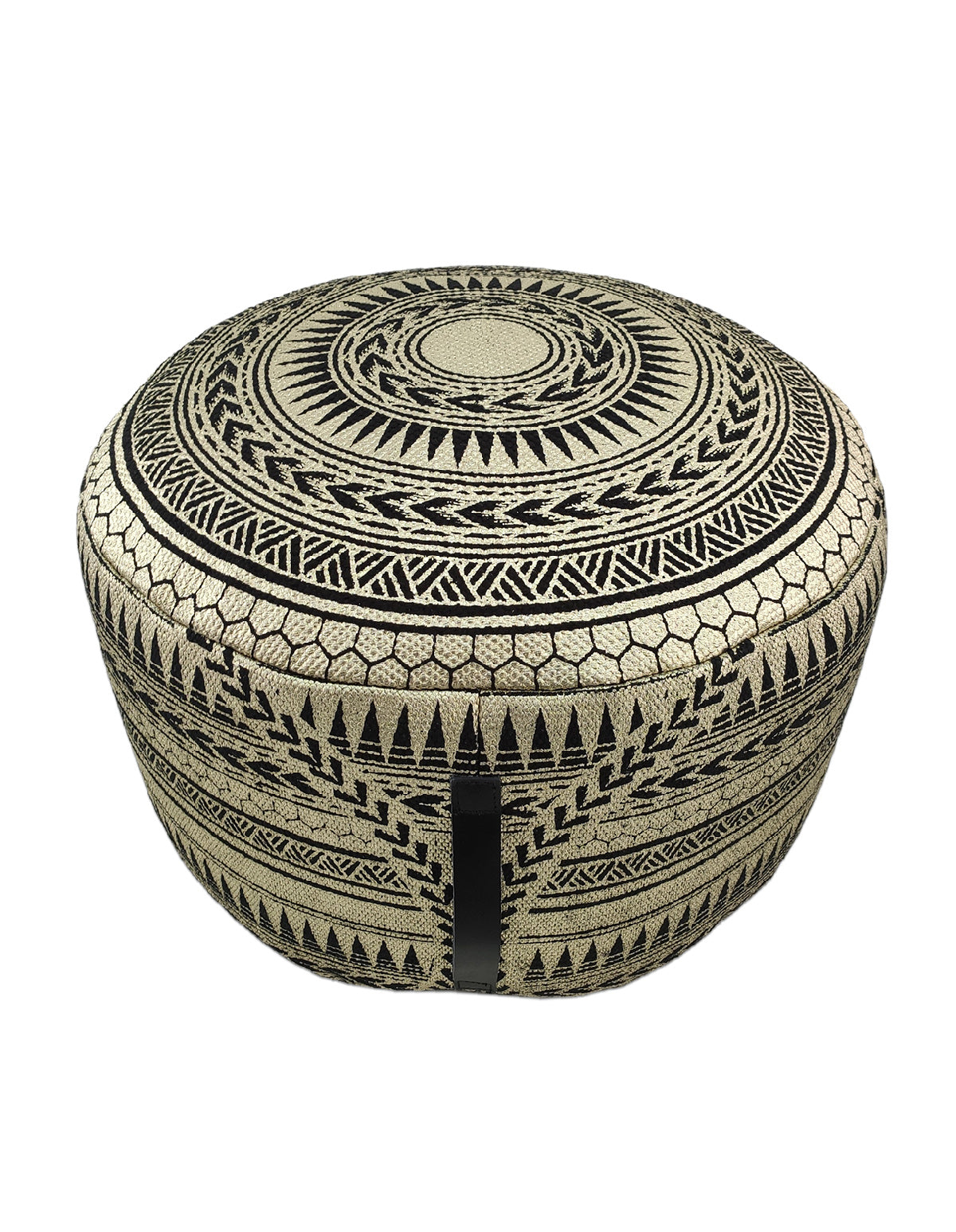 Overhead shot of handmade black and gold pouf PF-092 displaying the detailed pattern and texture on the upper surface.