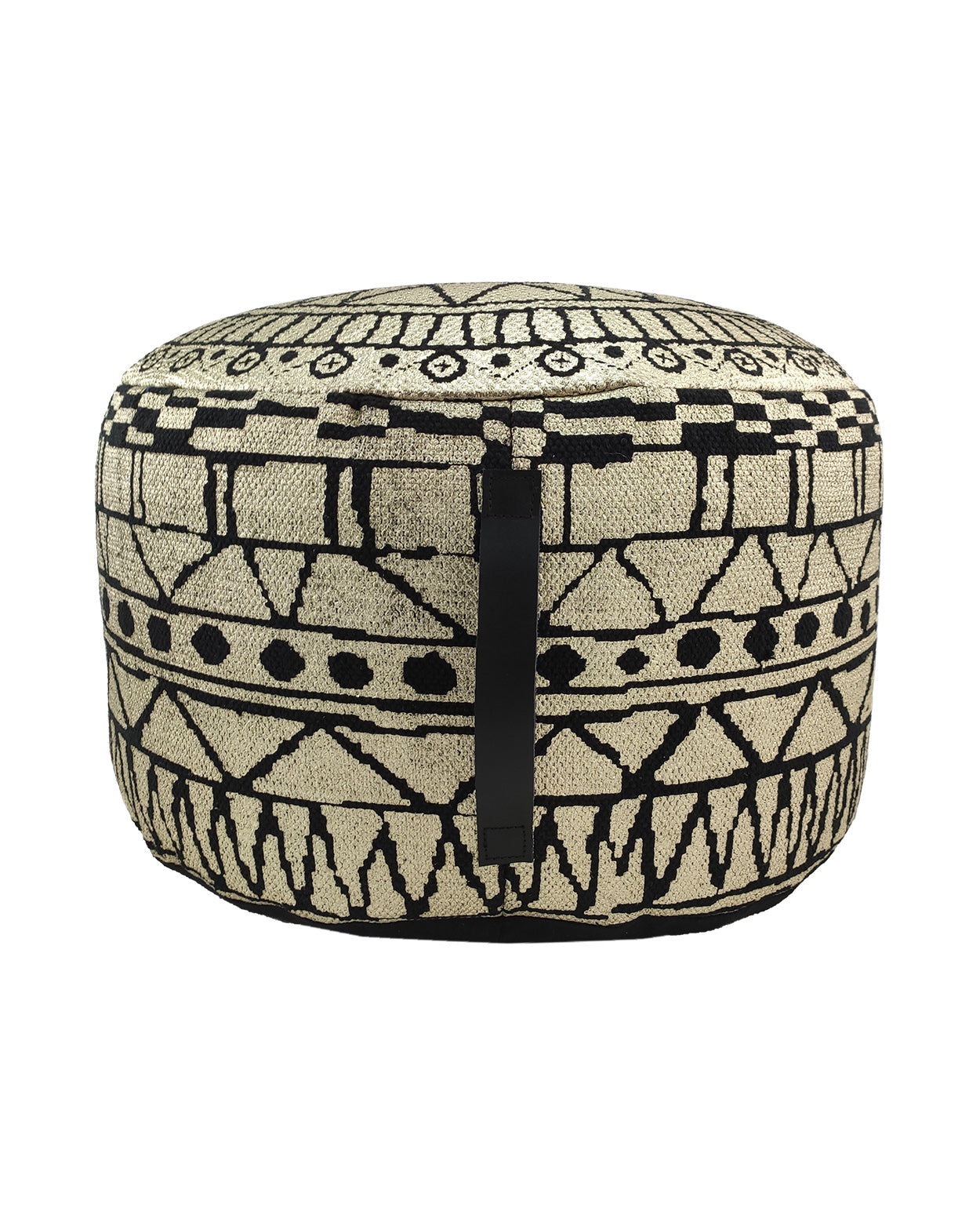 Handmade cotton pouf PF-093 in black and gold tones, featuring a sleek leather handle for easy portability.