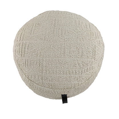 The RAMSHA HOME White Cotton Pouf PF-094 features a round design with a subtle geometric pattern and black fabric loop, shown on a white background—ideal for bringing cozy style to your living space.