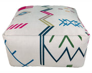 Handmade Multi Colored Polyester Pouf PF-103 placed in a modern living room setting, showcasing its vibrant striped design.