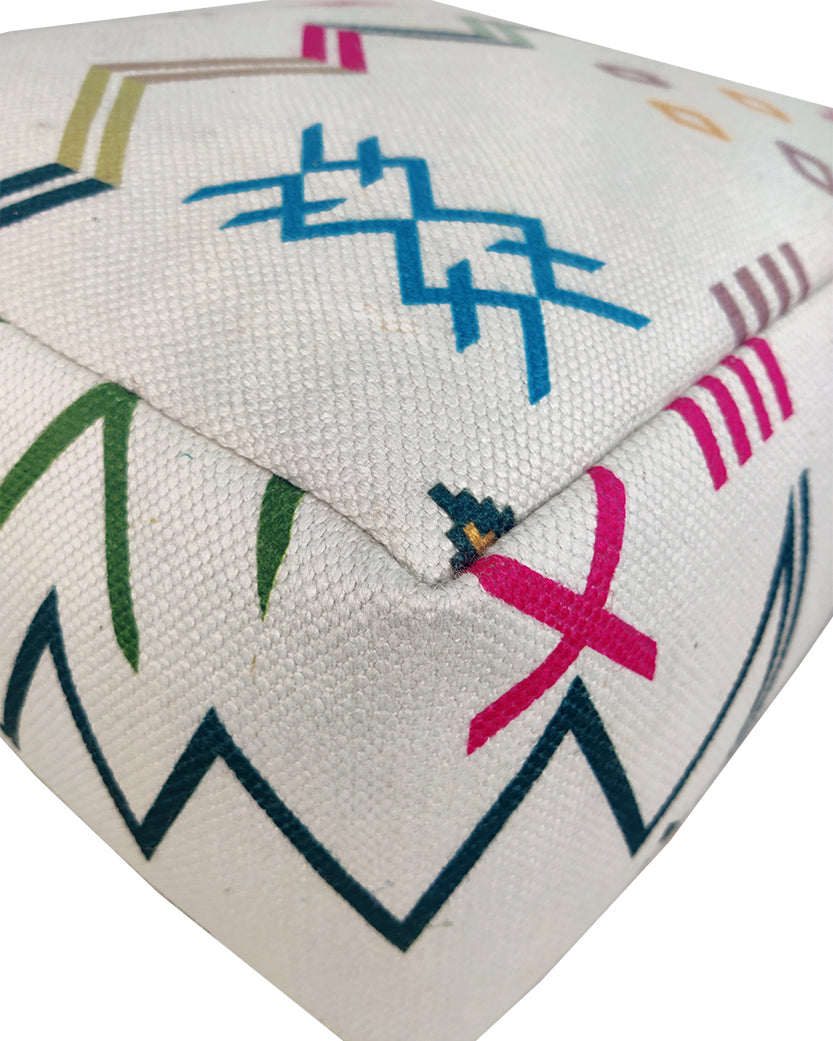 Close-up view of Multi Colored Polyester Pouf PF-103 showing detailed woven pattern and vibrant color texture.