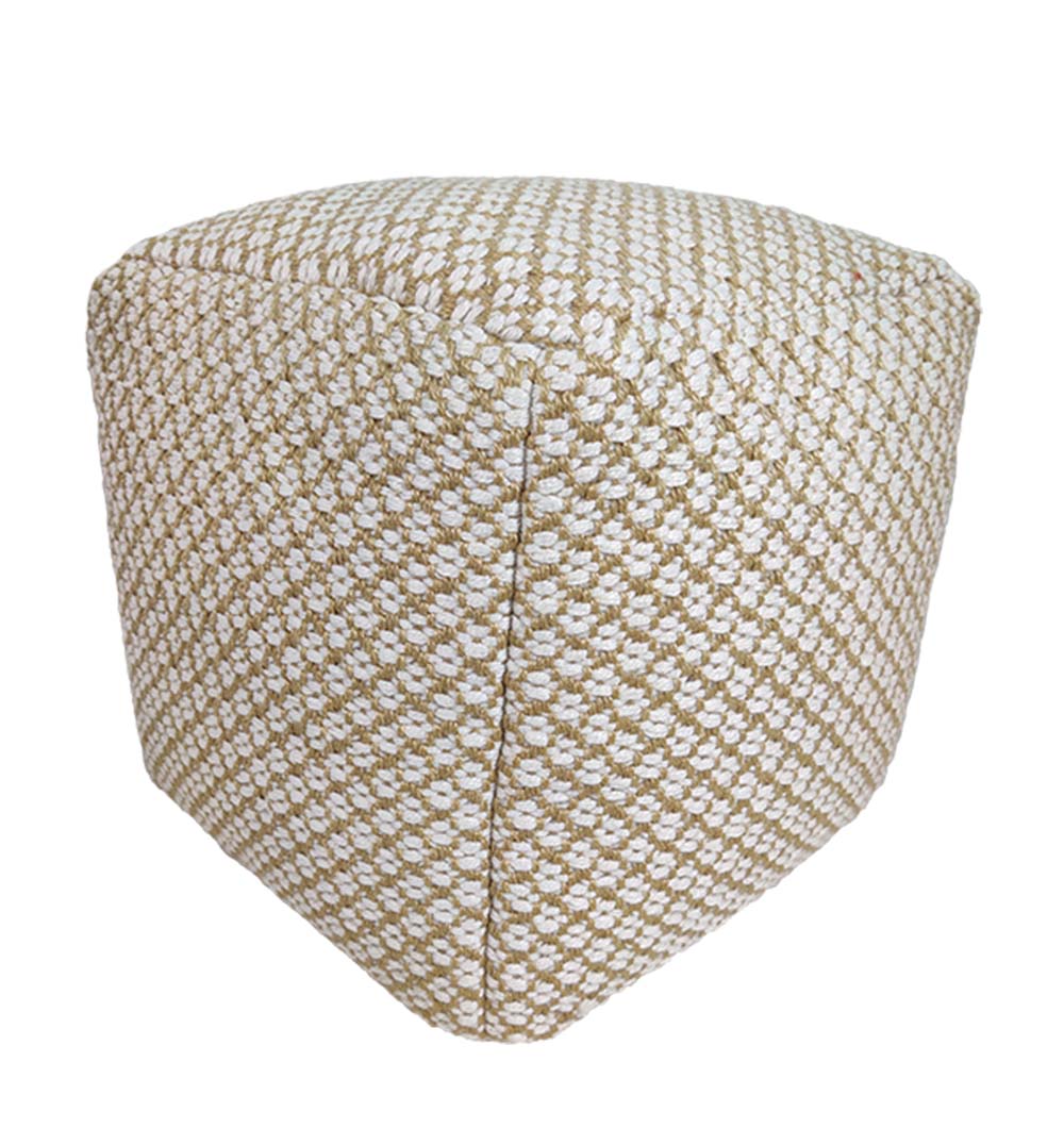 Handcrafted white and gold polyester pouf PF-106 viewed from the side, highlighting textured woven details and smooth cylindrical profile