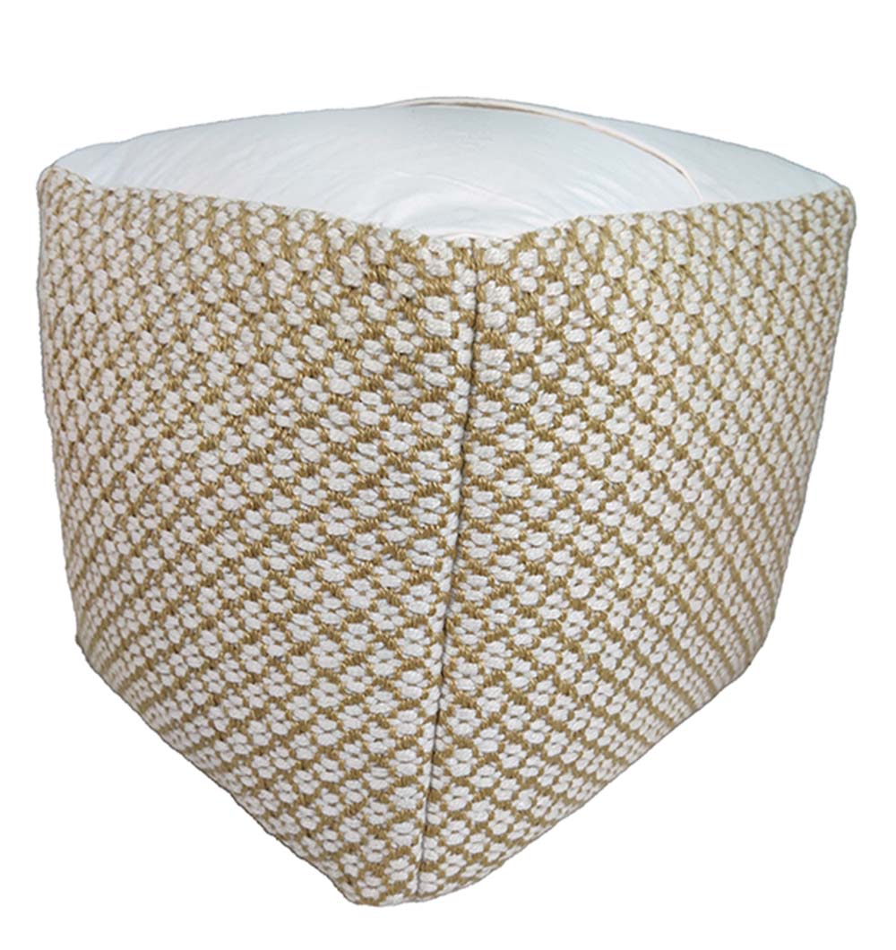 "Elegant White and Gold Woven Polyester Pouf PF-106 shown from a different side angle, displaying fine handmade weaving and subtle color contrast for home decor