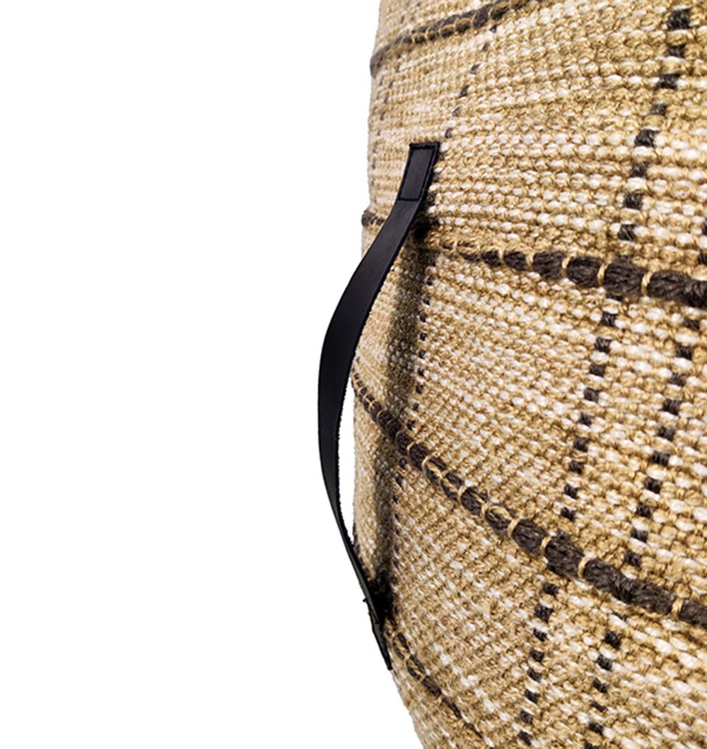 Detailed close-up of woven polyester pouf PF-108 showing vibrant textured pattern and stitching