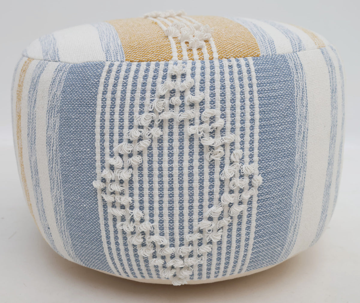The RAMSHA HOME Boho Modern Round Pouf With Insert PF 109 features blue, white, and yellow vertical stripes with a raised diamond-shaped embroidered pattern on the front. Set against a plain white background, this pouf is perfect as a decorative accent piece or for extra seating.