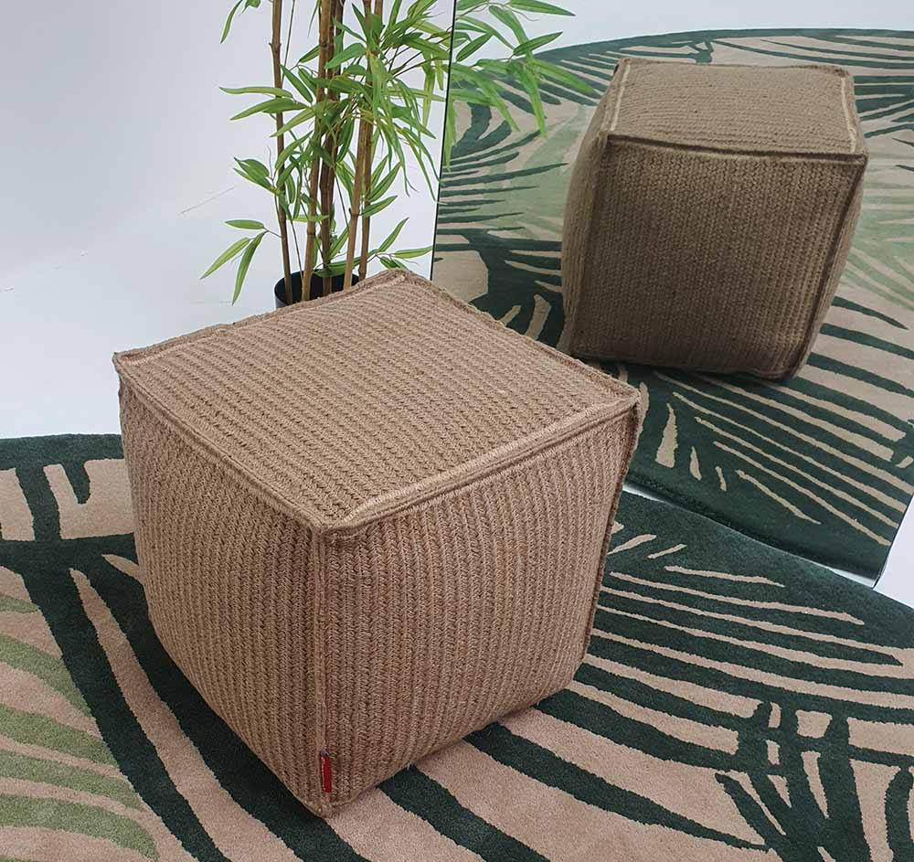 Eco-friendly natural jute ottoman PF-134 placed beside sofa for layered interior décor