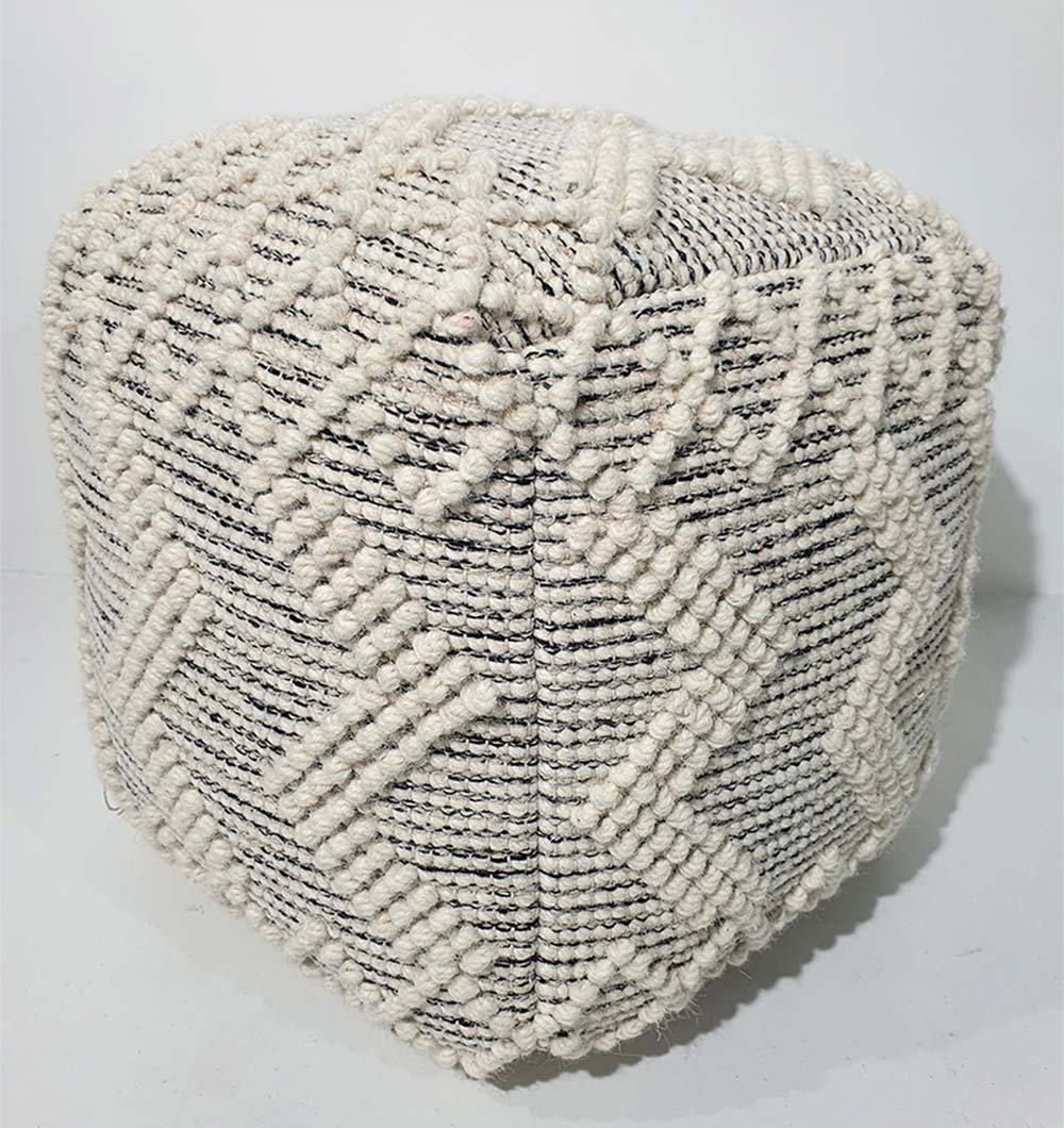 Handmade natural wool and cotton pouf PF-137 placed in a cozy living room setting for modern home decor