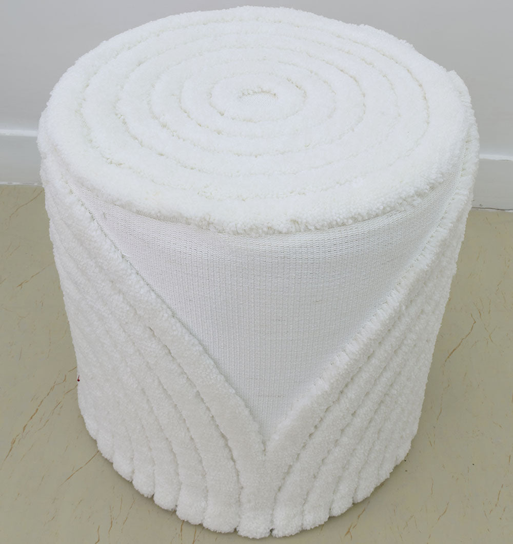 The RAMSHA HOME Luxury Handmade Pouf with Thermocol Bean Bag Insert PF-148 features a round, white, textured design with a spiral top and chevron sides—ideal for premium home décor.