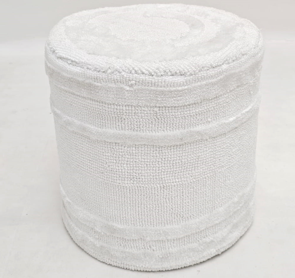 The RAMSHA HOME Luxury Handmade Pouf with Thermocol Bean Bag Insert PF-150 features a round, white, textured design with soft woven fabric and subtle stripes—ideal for adding premium style to your home décor.