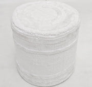 The RAMSHA HOME Luxury Handmade Pouf with Thermocol Bean Bag Insert PF-150 is a white cylindrical décor accent with a textured woven surface, adding elegance to any light-colored floor.