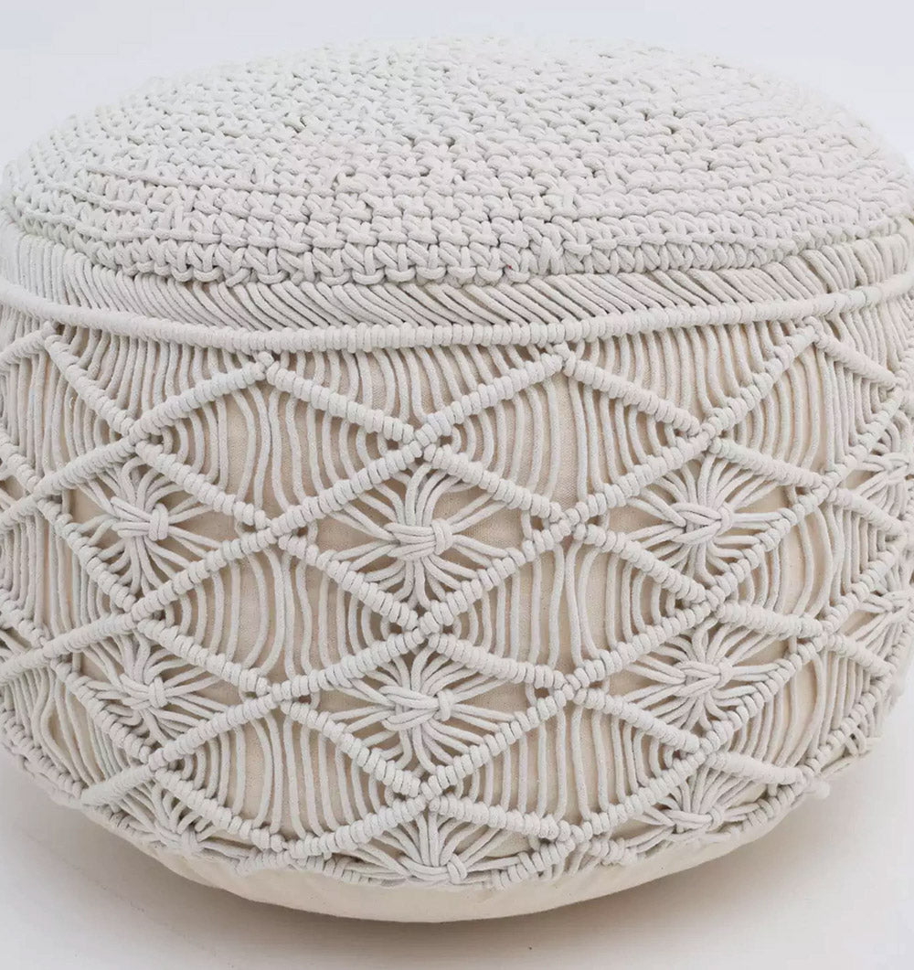 The RAMSHA HOME Boho Macrame Pouf White Round PF-155 features a cream-colored woven design with diamond patterns and knotted accents, making it a perfect cozy floor cushion or stylish accent for any space.