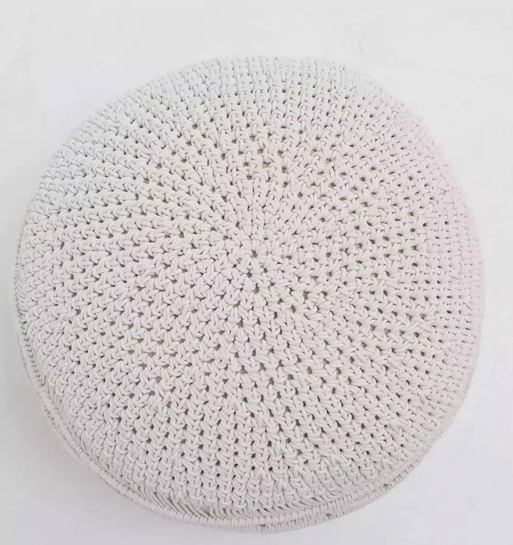 The RAMSHA HOME Boho Macrame Pouf White Round PF-155 features a textured woven crochet pattern in light beige, shown from above on a plain white background, making it an elegant floor cushion.