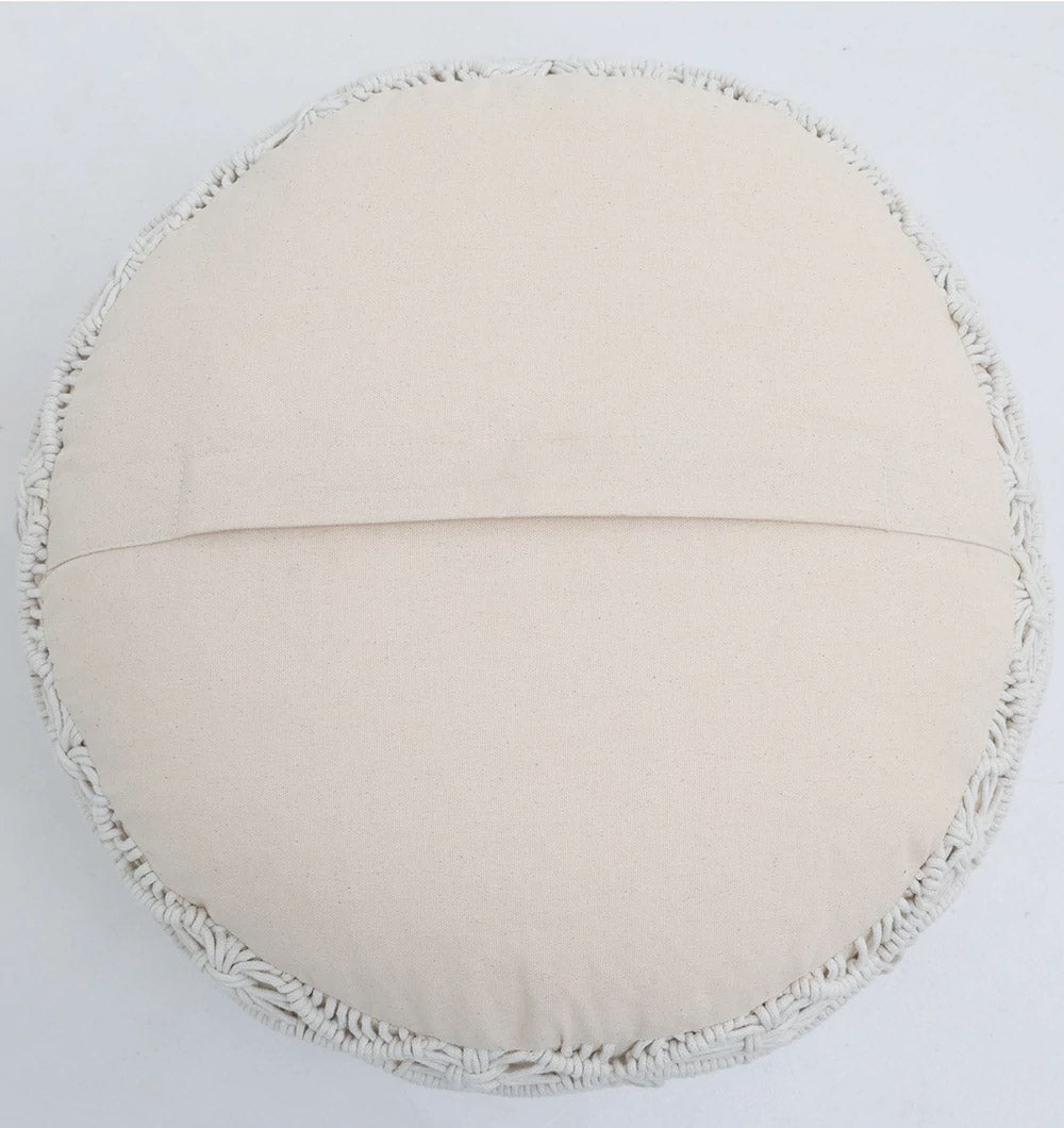 The RAMSHA HOME Boho Macrame Pouf White Round PF-155 features a textured, braided edge and horizontal seam—perfect as a stylish floor cushion on any light surface.