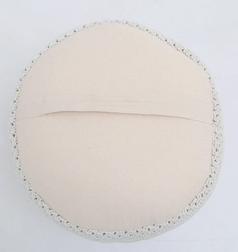 The RAMSHA HOME Boho Macrame Pouf White Round PF-156 is an off-white floor cushion featuring a crochet-trimmed edge and a horizontal fabric slit on one side, shown against a white background.