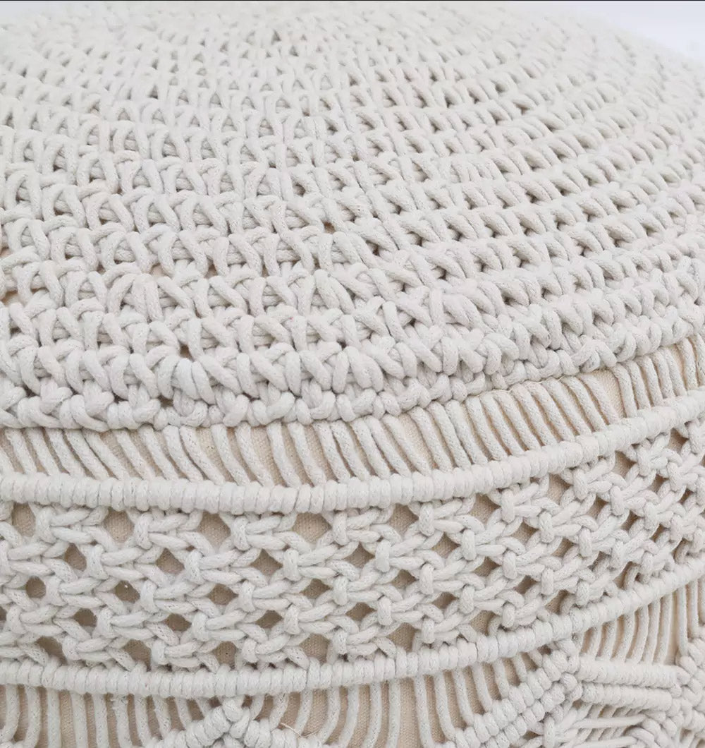 Close-up of the RAMSHA HOME Boho Macrame Pouf White Round PF-156, showcasing its detailed off-white woven patterns and stylish craftsmanship—a chic floor cushion for any space.