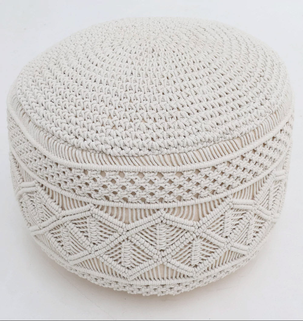 The RAMSHA HOME Boho Macrame Pouf White Round PF-156 features intricate textured patterns and a sturdy look, displayed against a plain white background.