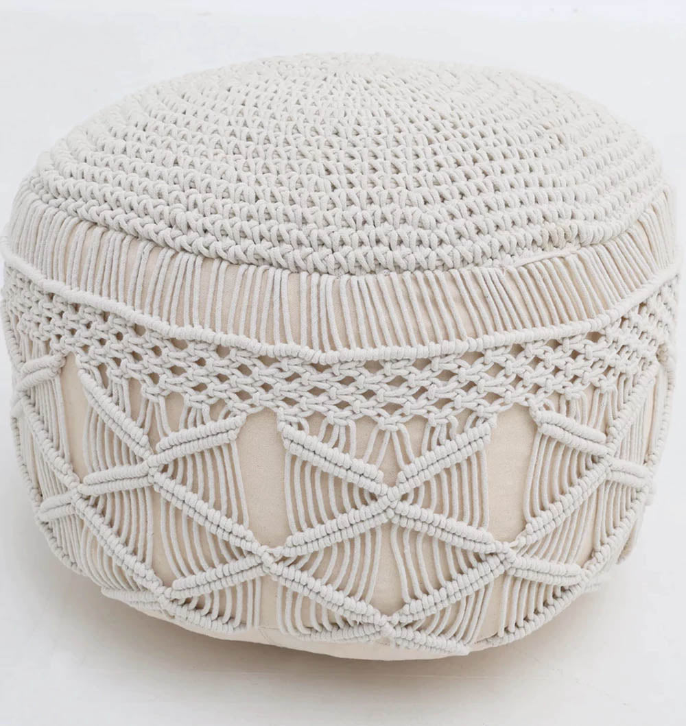 The RAMSHA HOME Boho Macrame Pouf White Round PF-157 is a handmade pouf with intricate geometric and crisscross macramé detailing, ideal as a stylish floor cushion for any space.