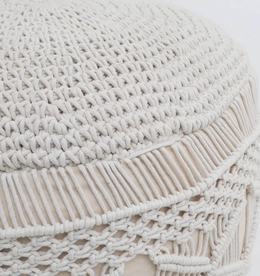 Close-up of the RAMSHA HOME Boho Macrame Pouf White Round PF-157, showcasing its cream hue and detailed woven patterns that highlight the handmade, artisanal charm of this stylish floor cushion.