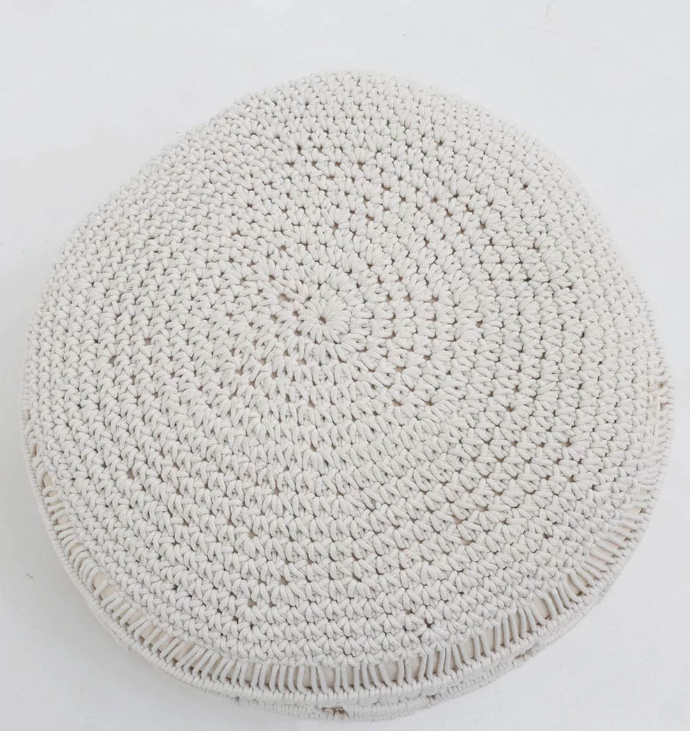 The RAMSHA HOME Boho Macrame Pouf White Round PF-157 features a handmade, off-white woven texture—ideal as a cozy floor cushion or stylish accent piece, displayed here on a plain white background.