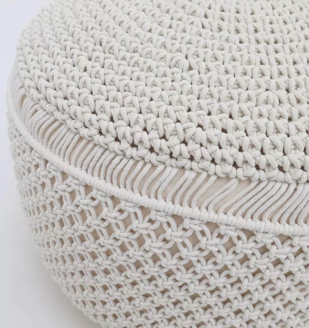 The RAMSHA HOME Boho Macrame Pouf White Round PF-158 features a textured woven top and airy open-knit sides—ideal as a cozy floor cushion or stylish accent for any space.
