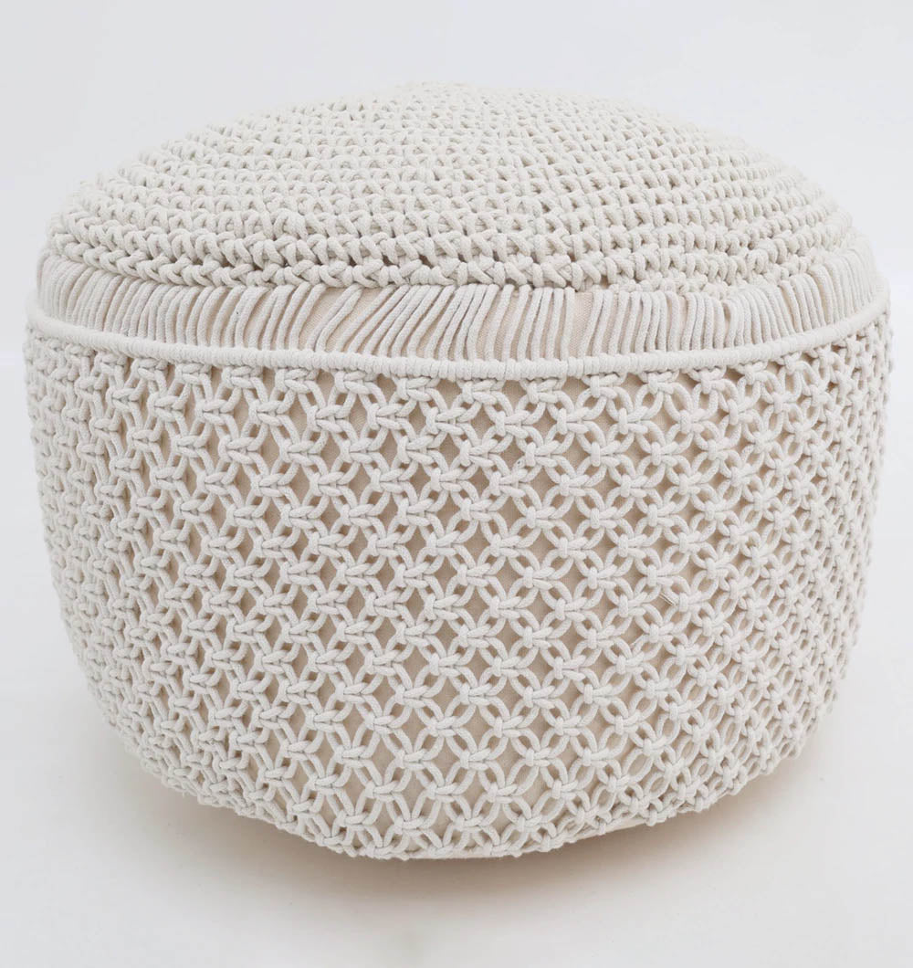 The RAMSHA HOME Boho Macrame Pouf White Round PF-158 features a textured woven design with a tight knit top and geometric lattice sides, serving as a versatile floor cushion. Shown against a plain white background.