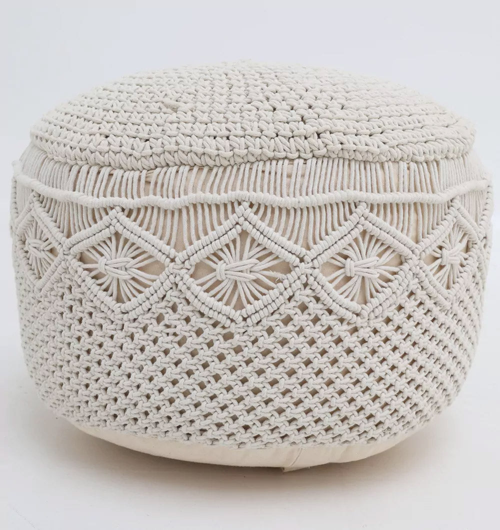 The RAMSHA HOME Boho Macrame Pouf White Round PF-159 features diamond and star patterns, thick rope weave, a tightly knit top, and thermocol bean filling for comfort, shown against a plain white background.