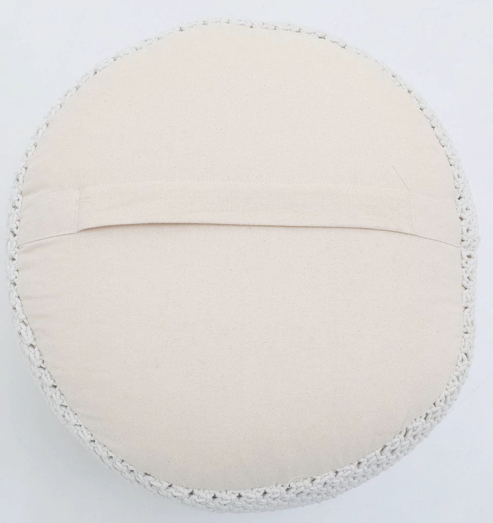 The RAMSHA HOME Boho Macrame Pouf White Round PF-159, shown from above on a white background, features a textured woven edge and a central fabric handle.