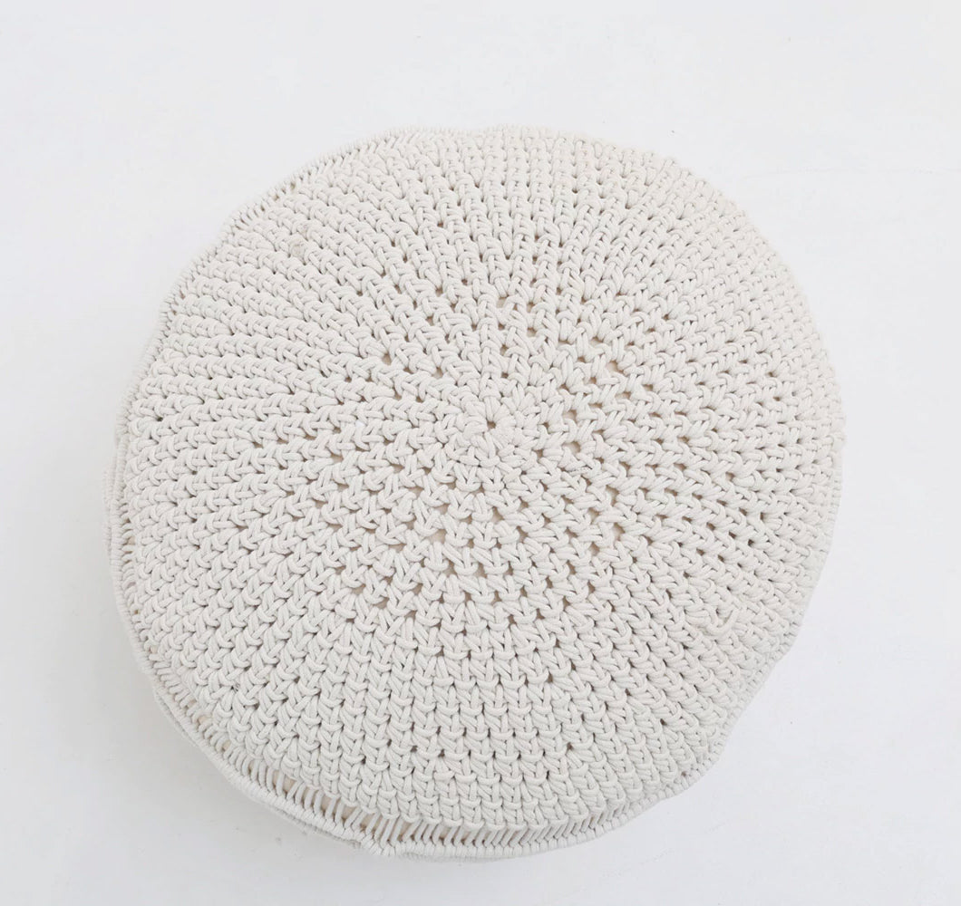 The RAMSHA HOME Boho Macrame Pouf White Round PF-159, a cream-colored cotton pouf, is shown from above against a plain white background.