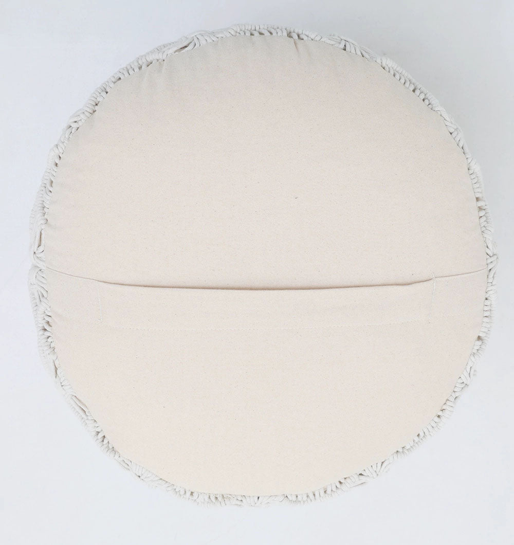 The RAMSHA HOME Handwoven White Macrame Pouf with Bean Bag Insert PF 160 features gathered edges and a fabric pocket across the center, shown from above on a white background.
