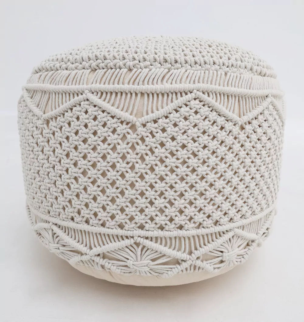 The RAMSHA HOME Handwoven White Macrame Pouf with Bean Bag Insert PF 160 features intricate diamond and geometric patterns on a light background and is filled with thermocol beans for lightweight comfort.