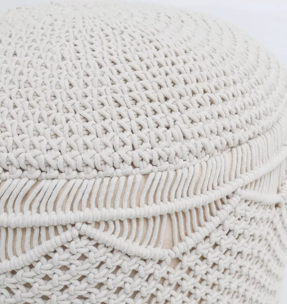 Close-up of the RAMSHA HOME Handwoven White Macrame Pouf with Bean Bag Insert PF 160, featuring intricate macramé patterns, textured stitching, and a cozy bean filling for added comfort.