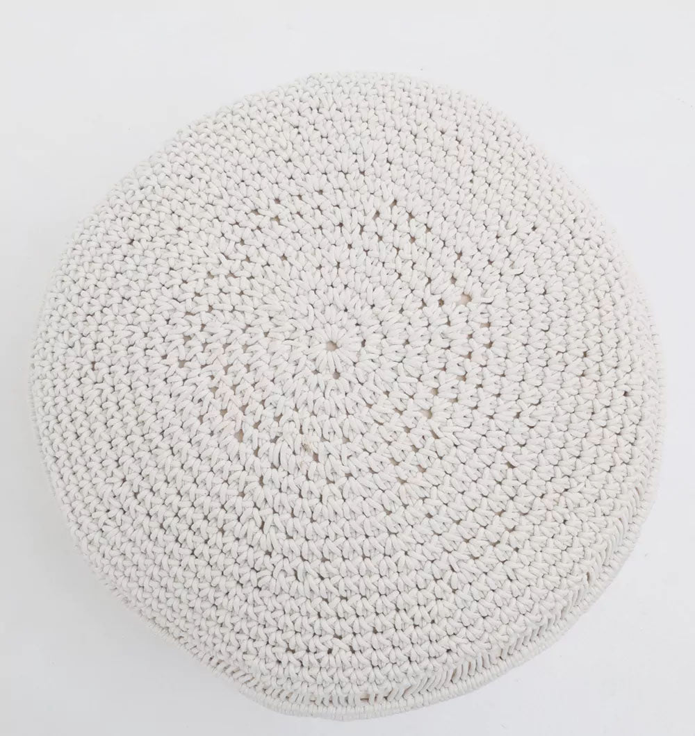 The RAMSHA HOME Handwoven White Macrame Pouf with Bean Bag Insert PF 160 features a round, off-white design with a textured woven pattern and thermocol bean filling, shown on a plain white surface.