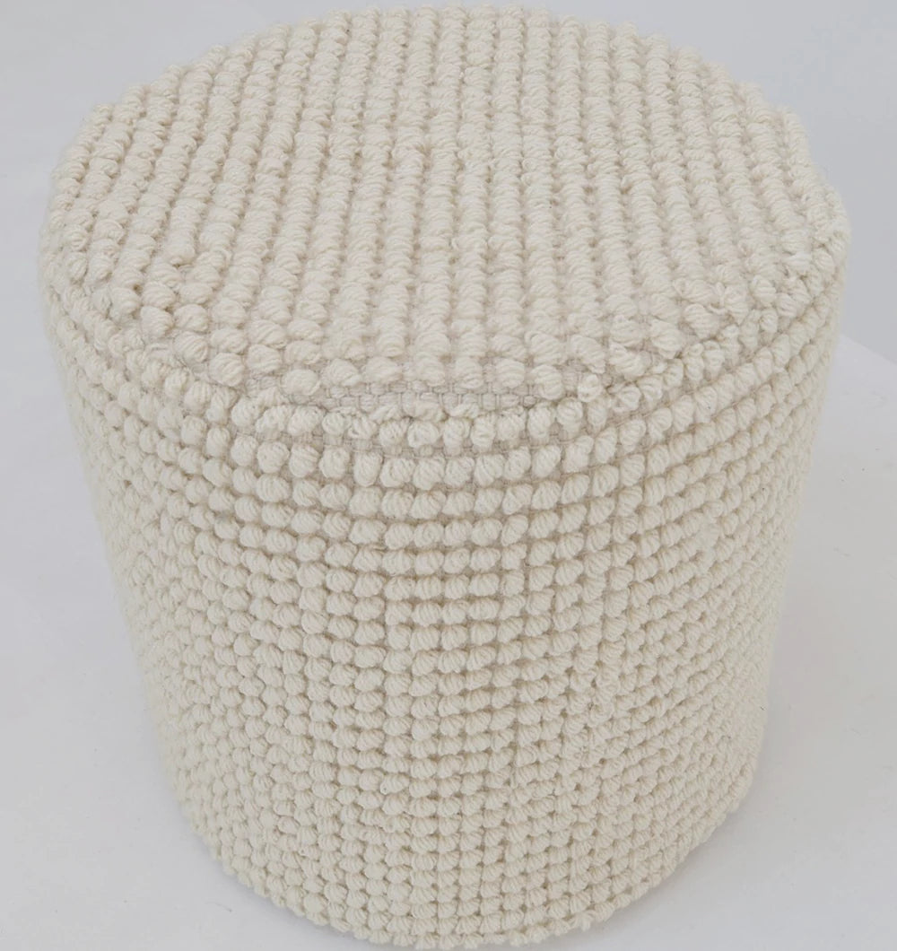The RAMSHA HOME Handwoven White Macrame Pouf with Bean Bag Insert PF 161 features a textured, woven surface made from thick, soft yarn and thermocol beans, shown against a plain white background.