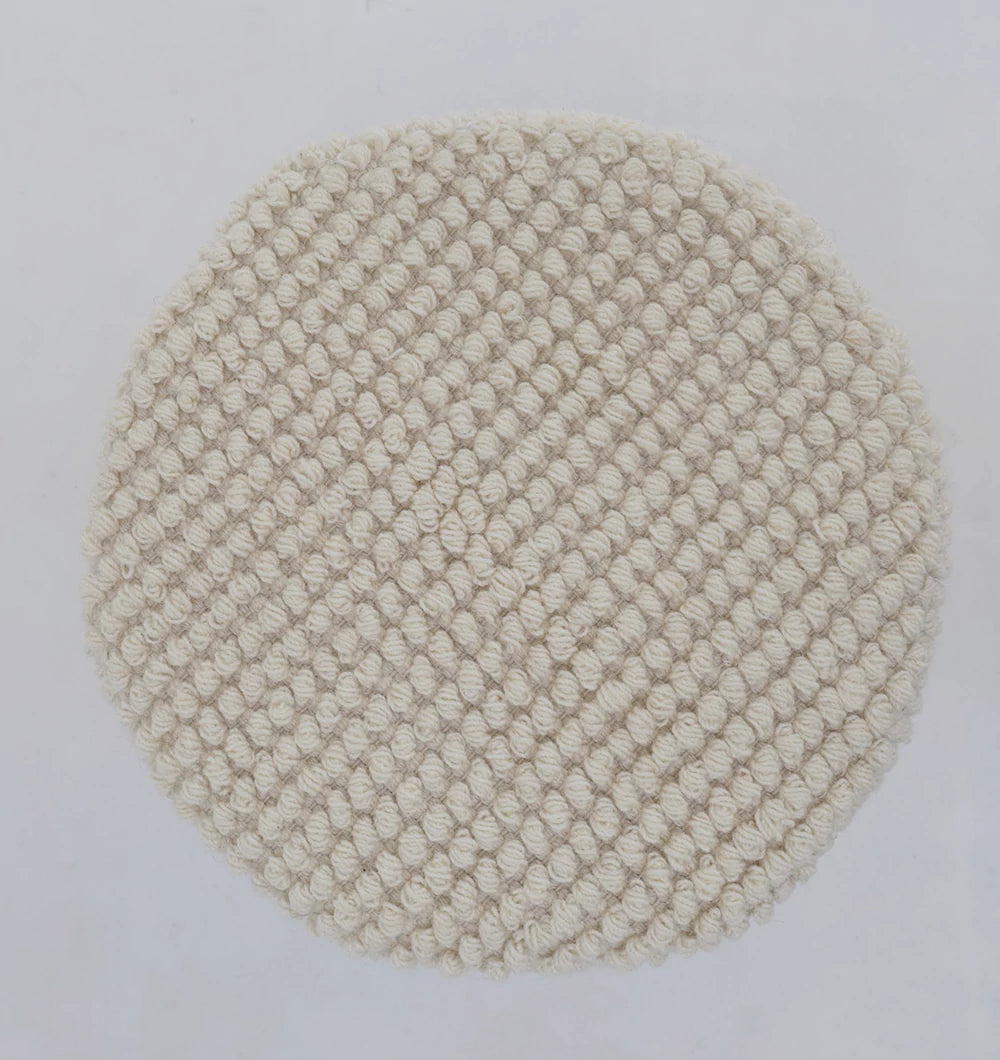 The RAMSHA HOME Handwoven White Macrame Pouf with Bean Bag Insert PF 161 features a round, textured design with a raised, looped pattern, shown on a plain white background.
